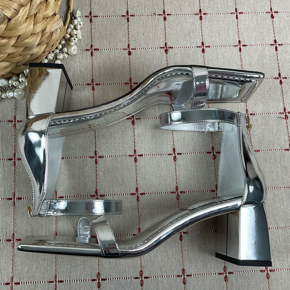 Good American Strappy Heeled Sandals Metallic Silver Ankle wrap Square Toe 9.5 - Picture 6 of 9